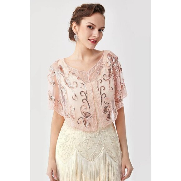 Babeyond 1920s Shawl  Wraps Beaded Evening Cape Bridal Shawl Cover Up (Pink) - Picture 2 of 6